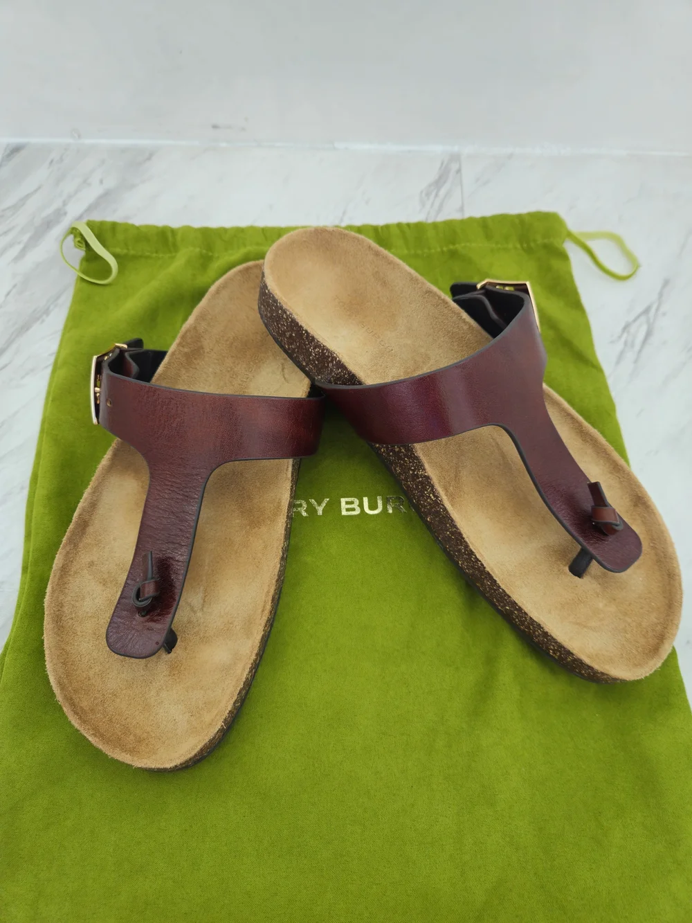 Tory Burch Brown Leather Thong Sandal with Gold Logo Accent